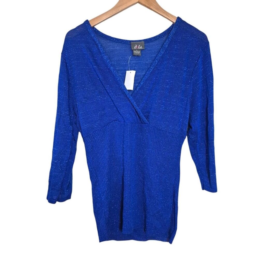 Dots Blue Sparkly V-Neck Top 3/4 Sleeves Vintage Deadstock Size Large